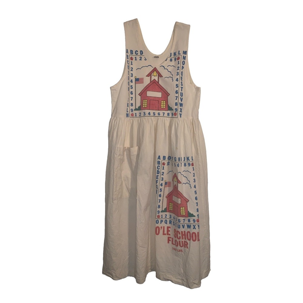VTG Flour Sack Jumper Ole School Dress Large Cream ABC Pinafore CottageCore Farm